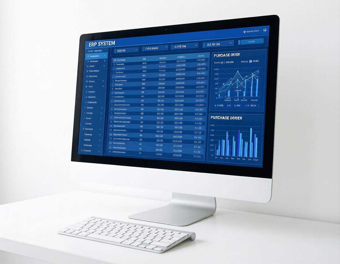 จอคอมพิวเตอร์แสดงแดชบอร์ดระบบ ERP พร้อมตารางสต็อกและกราฟ