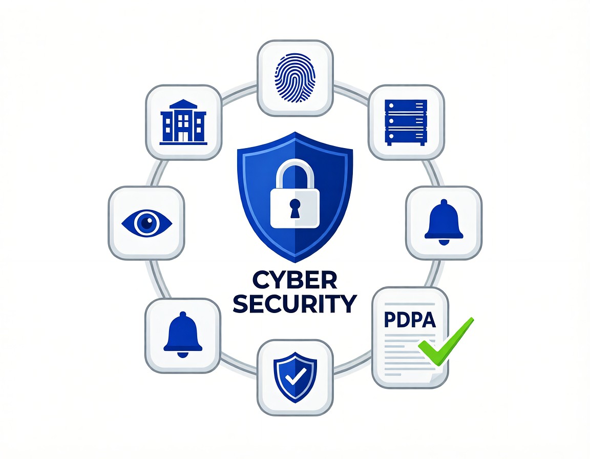 โลโก้ผู้ให้บริการ Cyber Security รูปโล่และกุญแจ ล้อมด้วยไอคอนความปลอดภัยองค์กรและเอกสาร PDPA